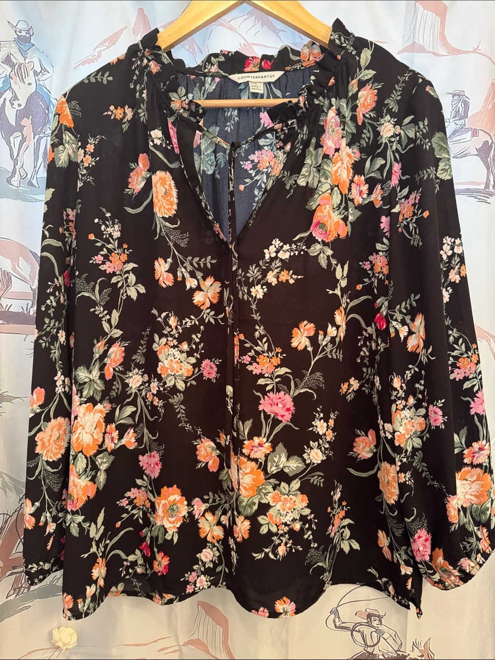Country Road Black Floral Peasant Blouse with Pink and Orange Flowers
